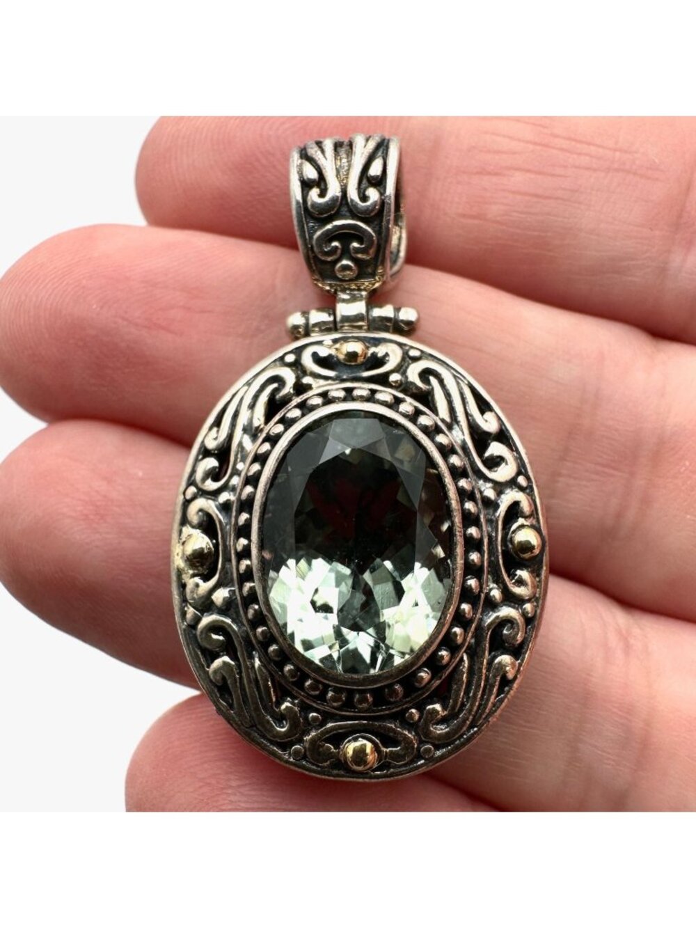 Prasiolite 18K Gold Sterling Silver Pendant 1.5 Inch Luxury